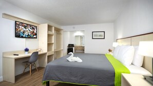 Habitación de hotel con cama, escritorio, silla, televisor, espejo y mesita de noche.