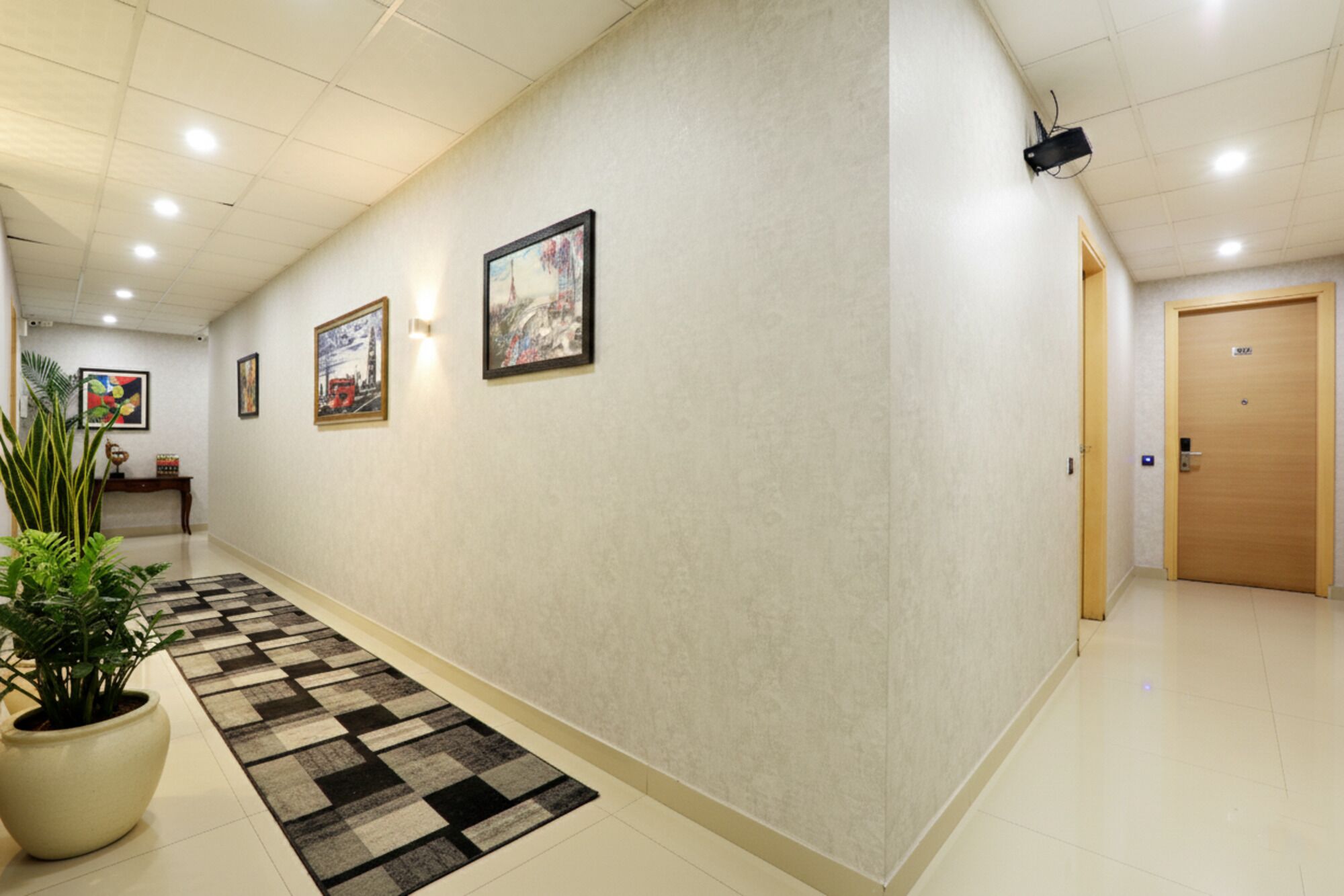 Un pasillo de hotel con alfombra a cuadros, cuadros en la pared, una planta en maceta y una puerta al final.