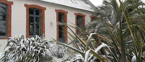 Un edificio de ladrillo rojo y paredes blancas, con múltiples ventanas y un jardín cubierto de nieve con plantas de palma.