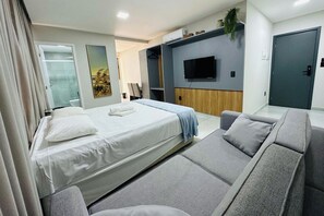 Una camera d'albergo moderna con un letto, un divano, una TV e un armadio.
