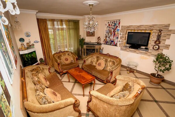 A living room with two sofas, a coffee table, a TV, and a fireplace.