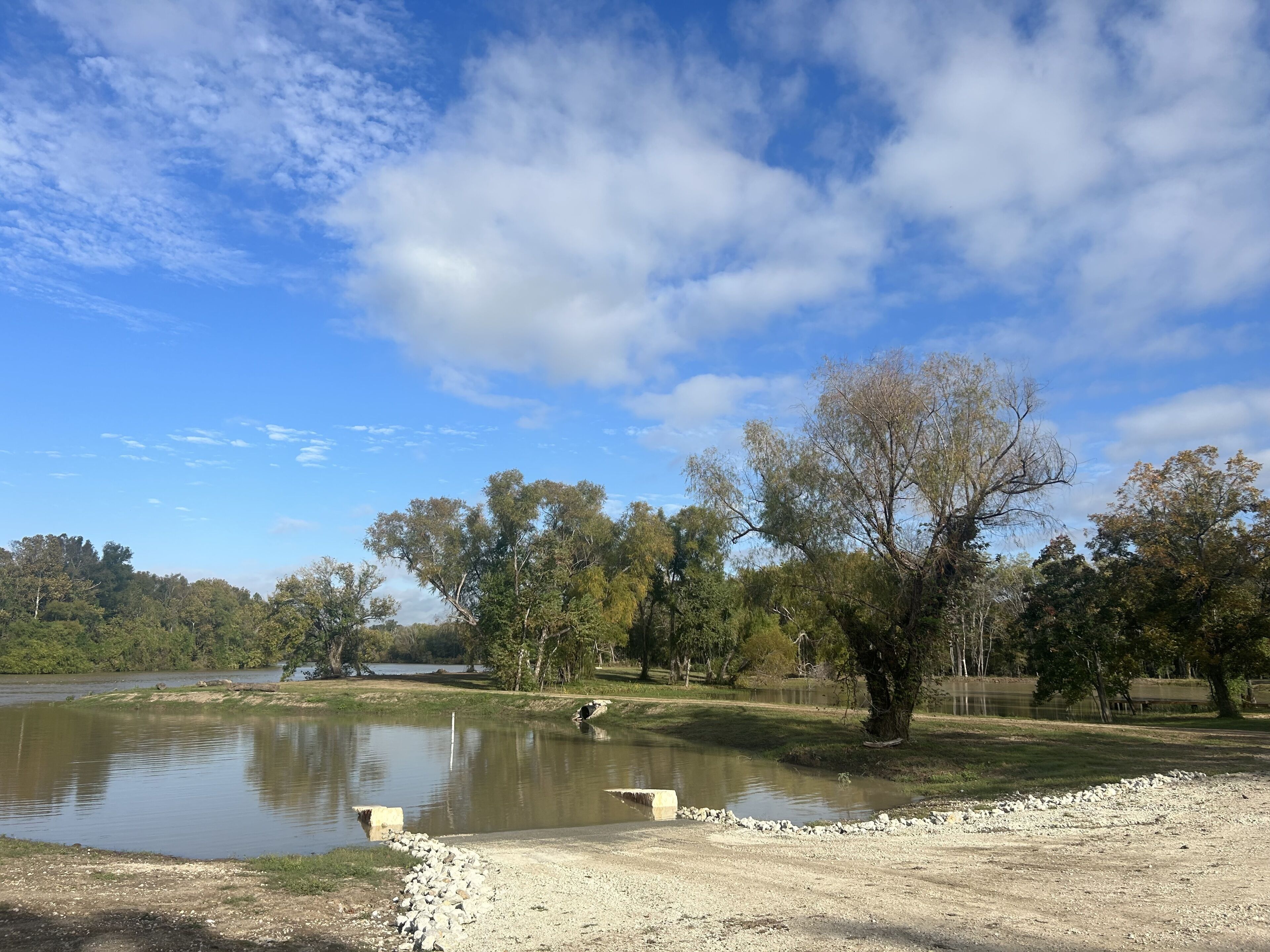 Eine friedliche Seenlandschaft mit blauem Himmel, ruhigem Wasser und Bäumen.