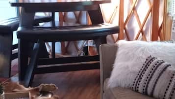 TV connectée, cheminée, lecteur de DVD, livres