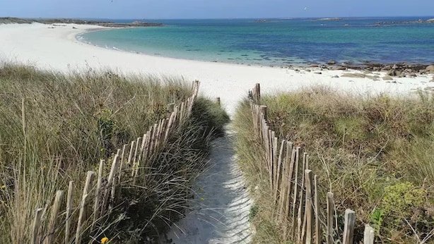 A sandy beach path leading to a beach with clear blue water and a clear sky. - Villa with indoor pool 5 minutes walk from the beach (Plouguerneau)