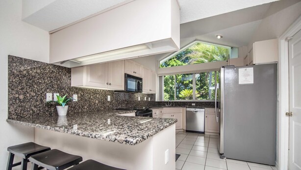 A modern kitchen with a granite countertop, stainless steel appliances, and a large window offering a view of greenery. - Swiss 23 - Lake Stephanie (Clermont)