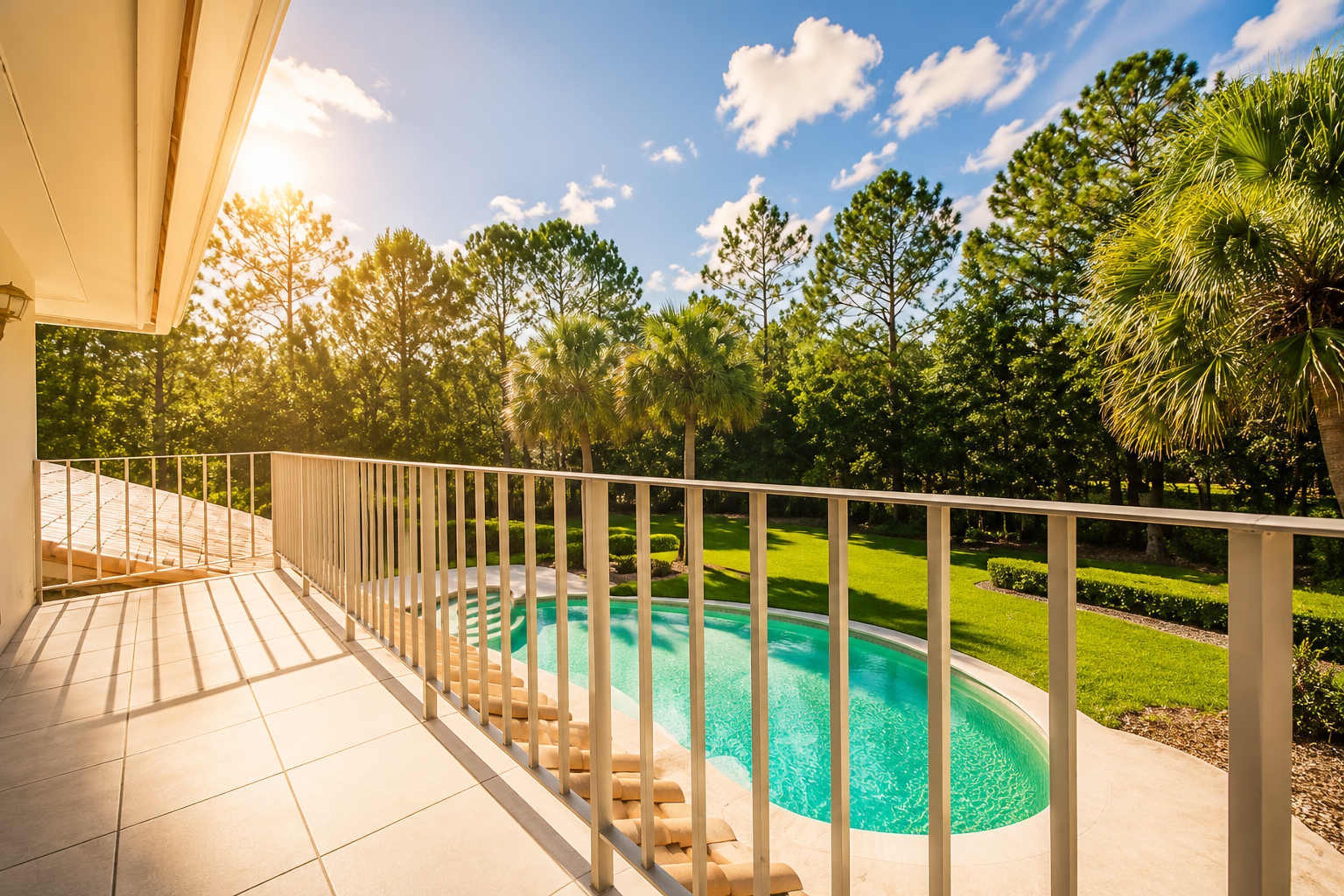 A swimming pool with a white railing, surrounded by trees and a clear sky.
