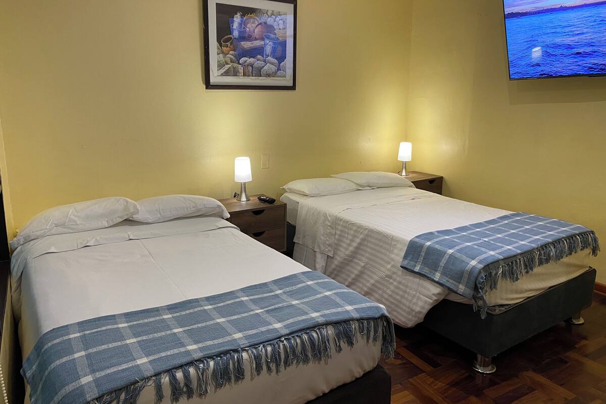 A hotel room with two beds, a television, a framed picture on the wall, and a lamp on each nightstand.
