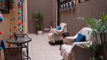 Un espacio al aire libre acogedor con sillas de mimbre, una mesa redonda y una planta en maceta.