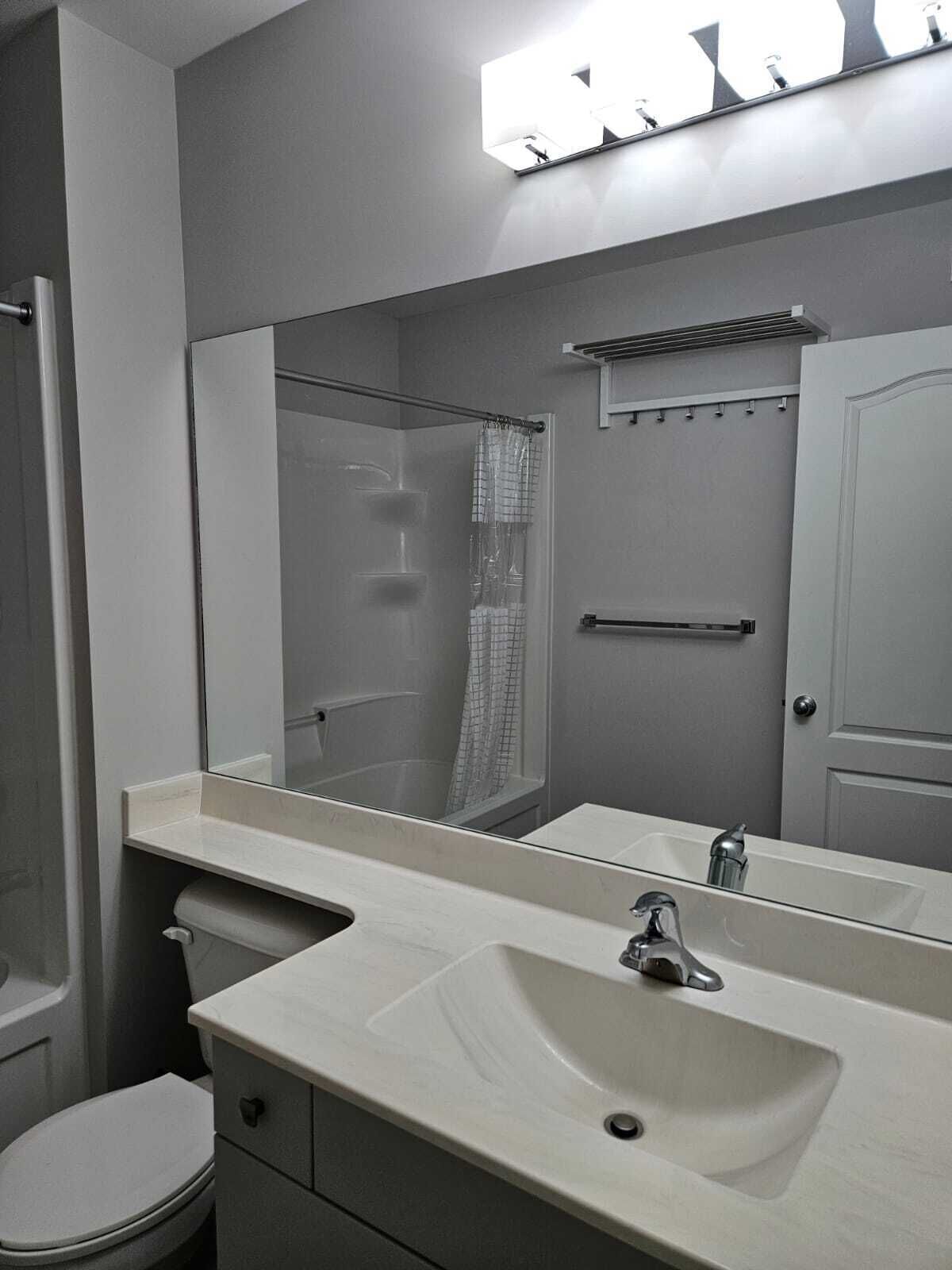 Un baño con un espejo grande, un lavabo, un inodoro y una ducha.