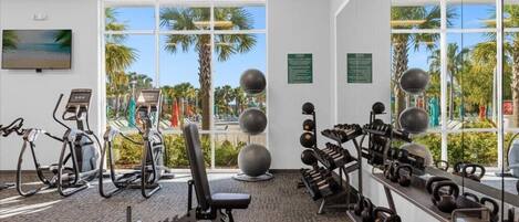 A gym with cardio machines, free weights, and exercise balls.