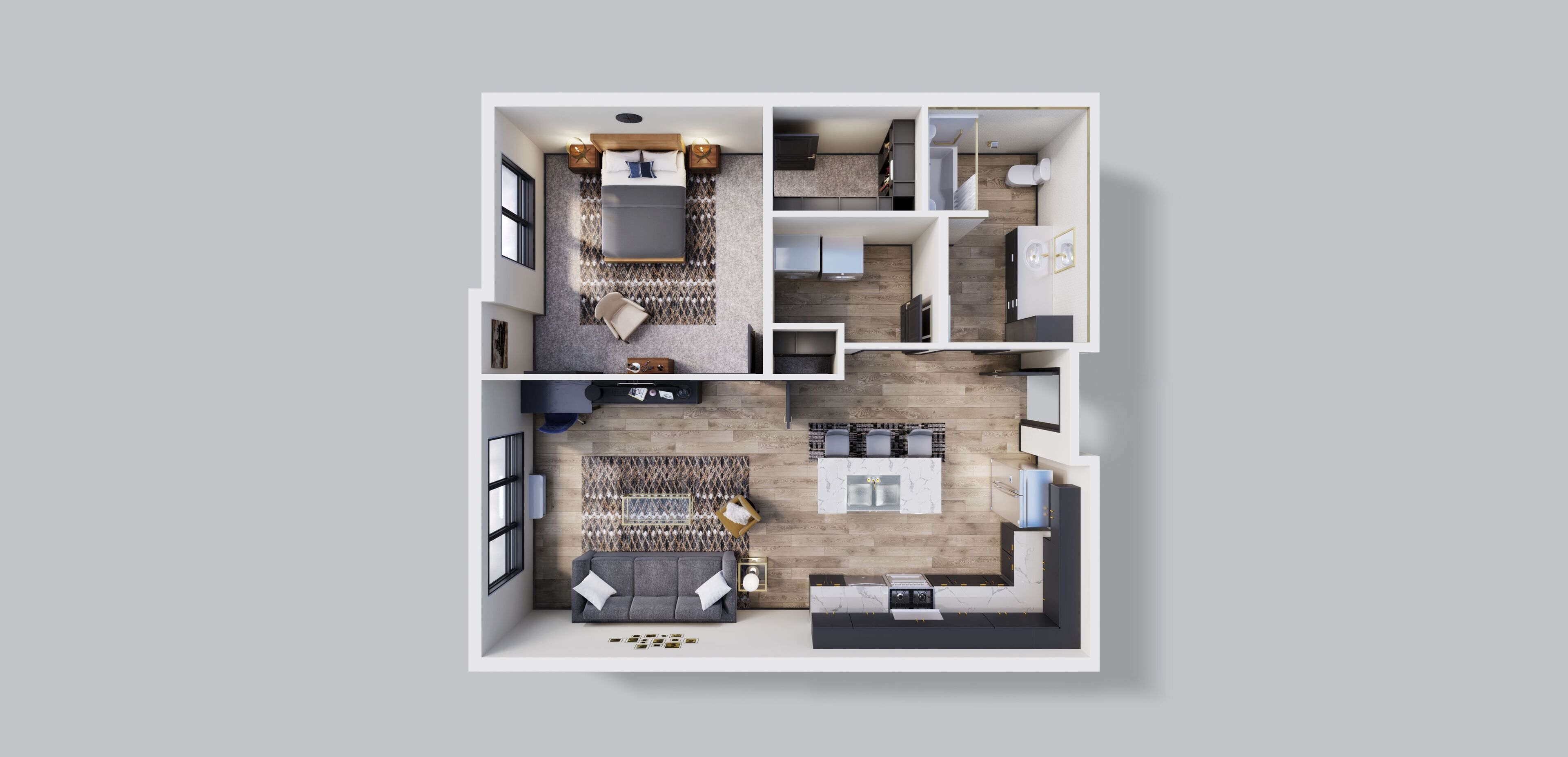A modern apartment layout with a living room, kitchen, dining area, and two bedrooms.