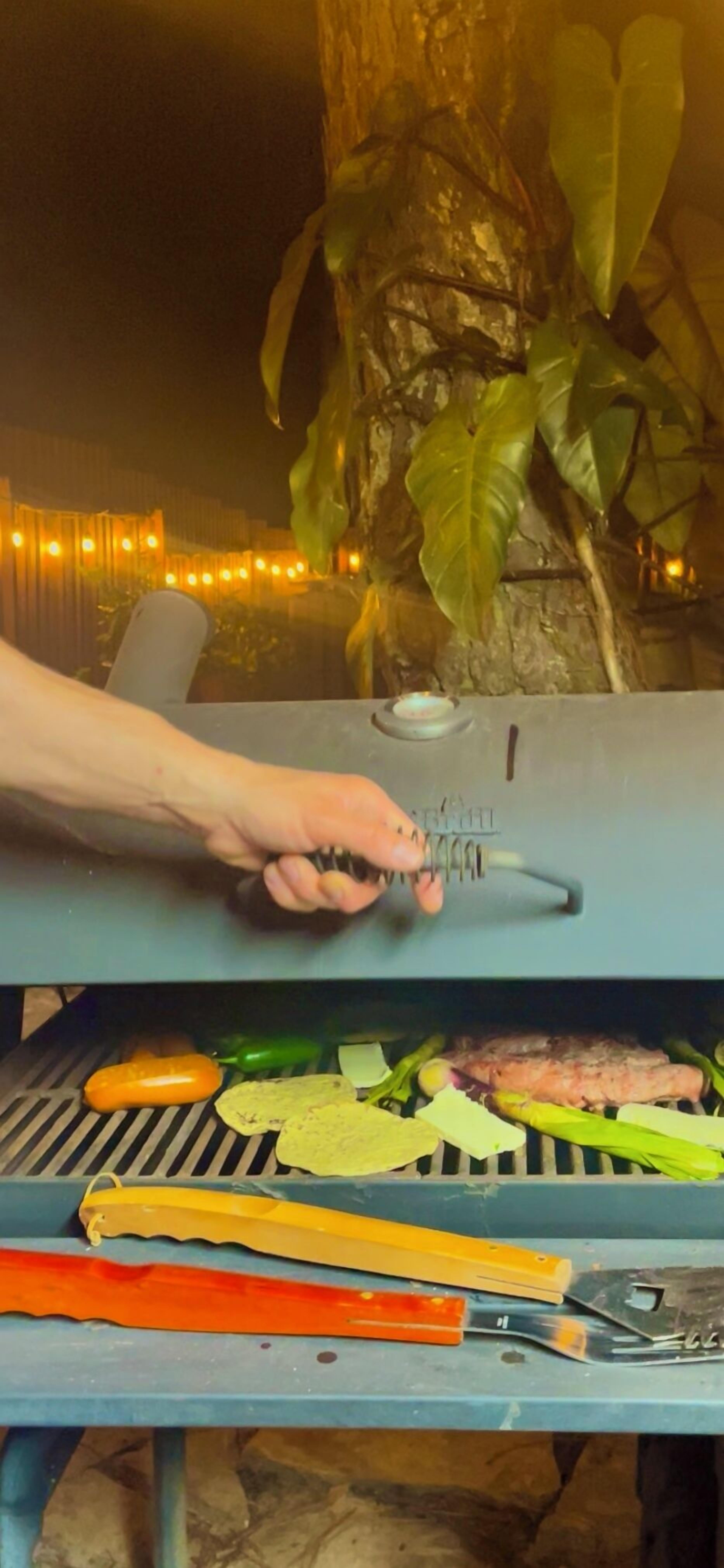A person grilling meat and vegetables on a barbecue grill outdoors.
