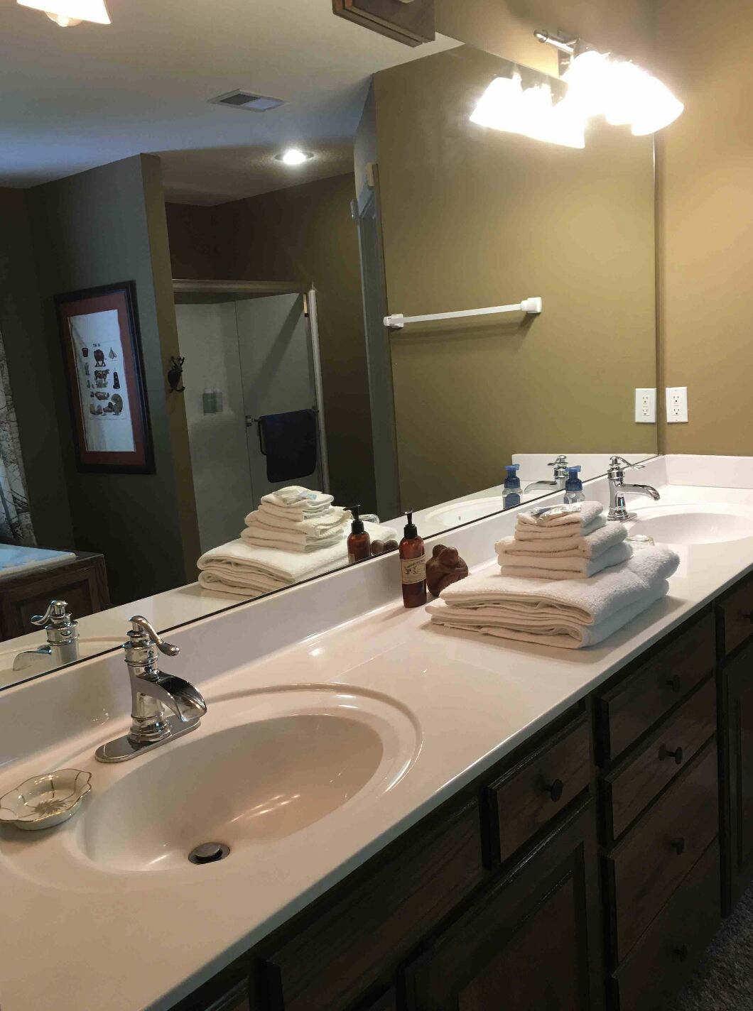 Shower, jetted bath, hair dryer, towels