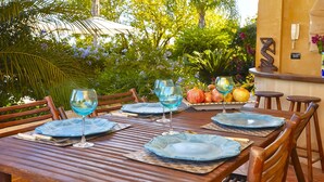 A dining table set with blue plates and glasses, surrounded by wooden chairs, with a tropical garden view.