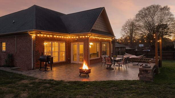 A brick house with a covered patio, outdoor seating, and a fire pit.