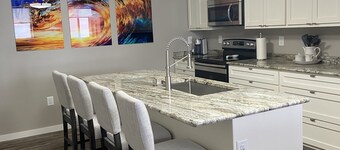 Contemporary 1400 sq ft space in lower level Open concept gas burning fireplace