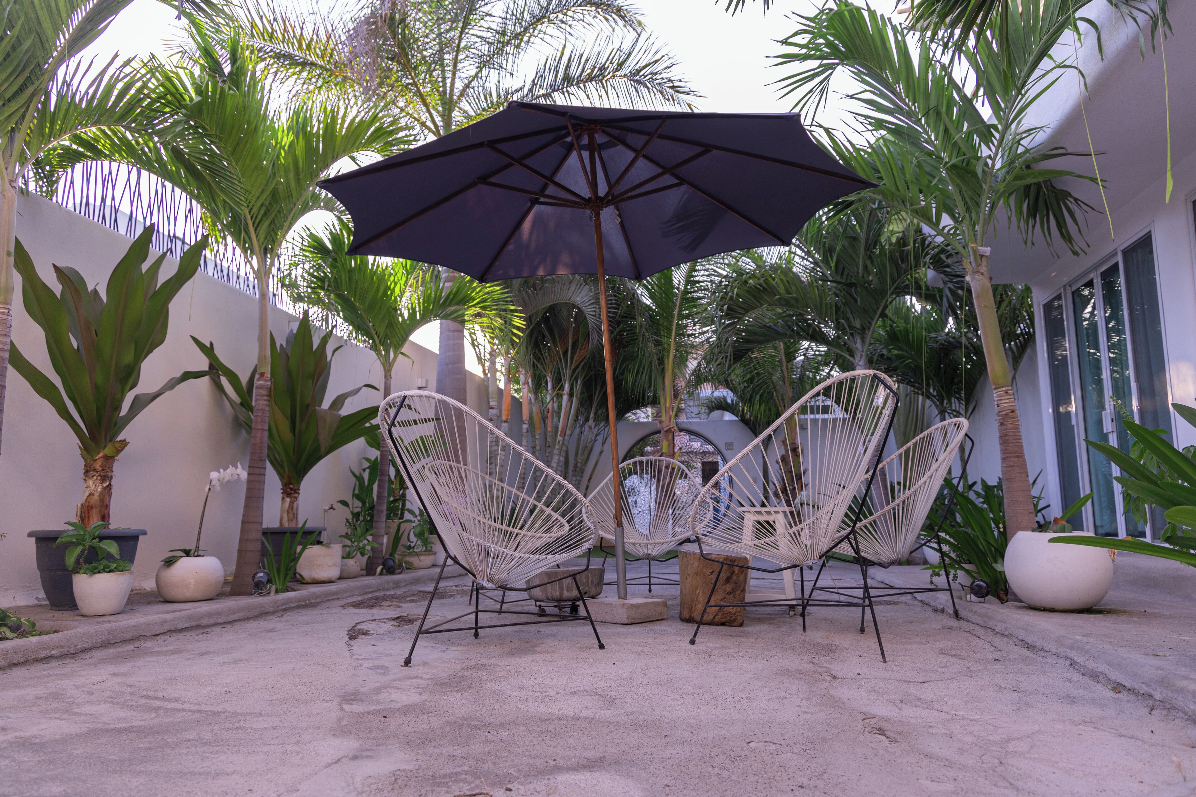 A patio area with a table and four white wicker chairs, an umbrella, and various potted plants.