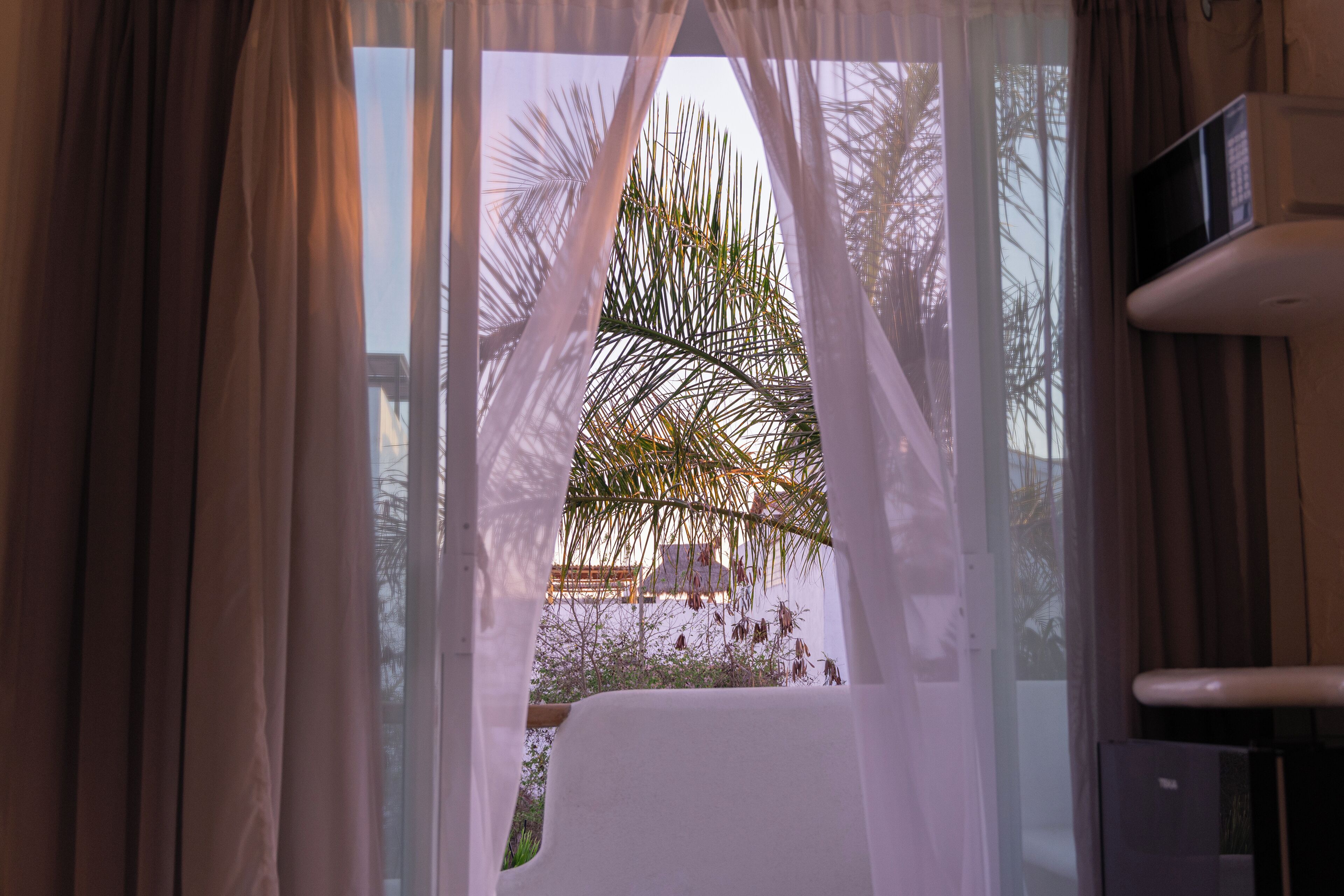 A room with a view of palm trees through sheer curtains, a white bed, and a TV on the wall.