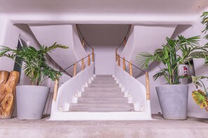 Eine Treppe mit weißer Geländer, gesäumt von großen Kübelpflanzen.