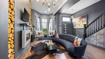 TV, fireplace, books