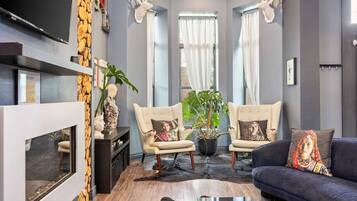 TV, fireplace, books