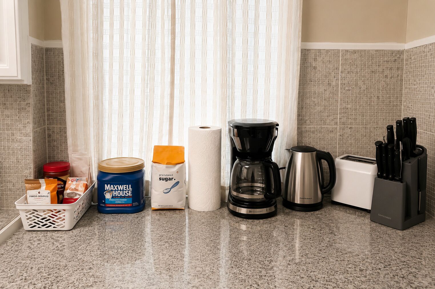 A kitchen counter with a coffee maker, a toaster, a kettle, a basket of sugar, a jar of coffee, and a knife block.
