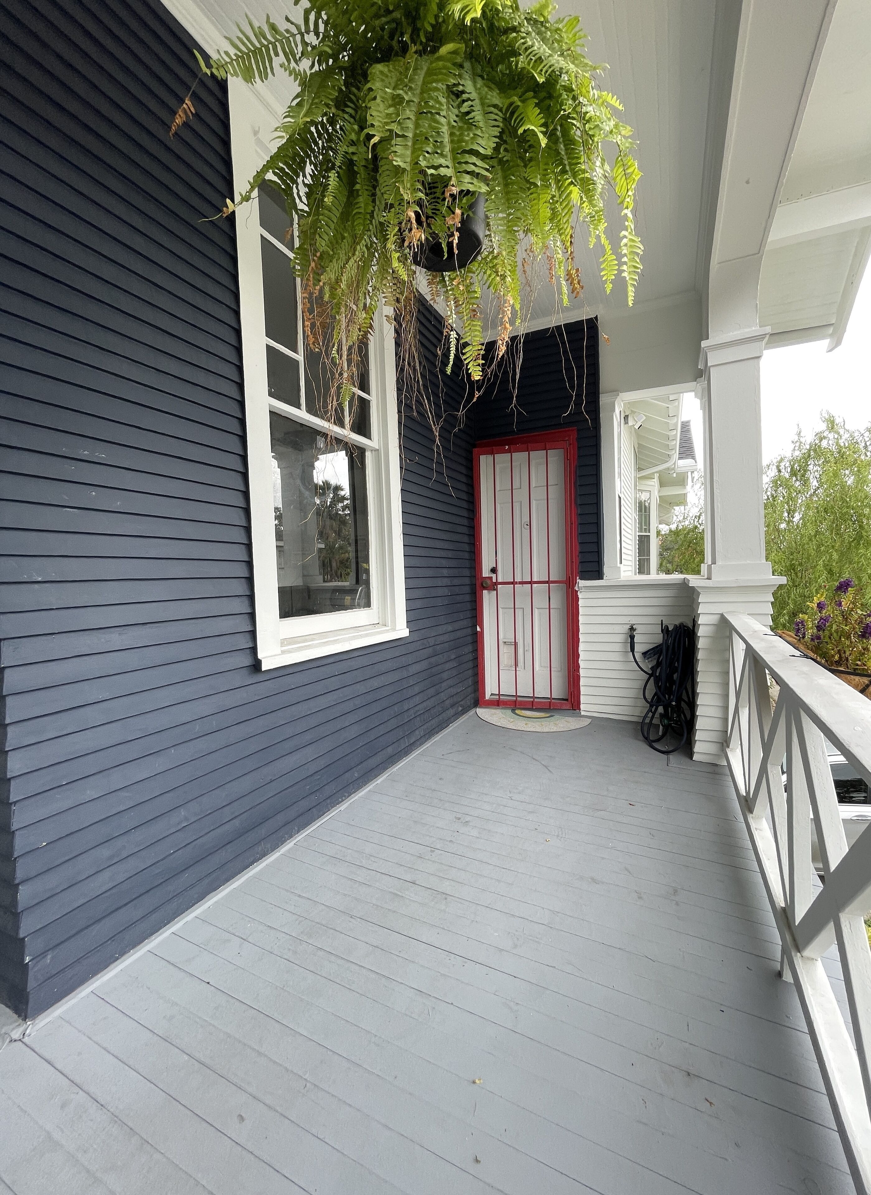 A porch with a dark blue siding exterior, a white door with red trim, and a hanging fern plant.