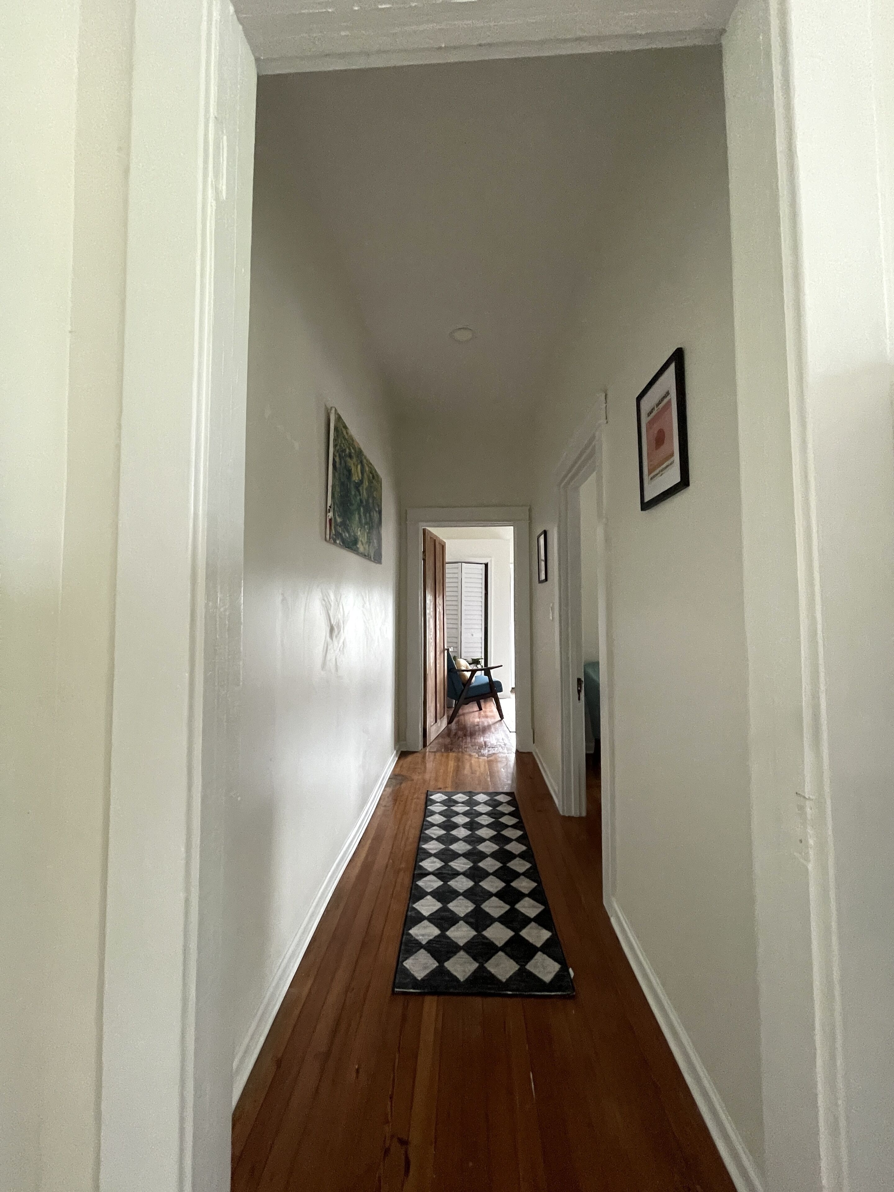 A hallway with wooden flooring, white walls, and a black and white patterned rug.