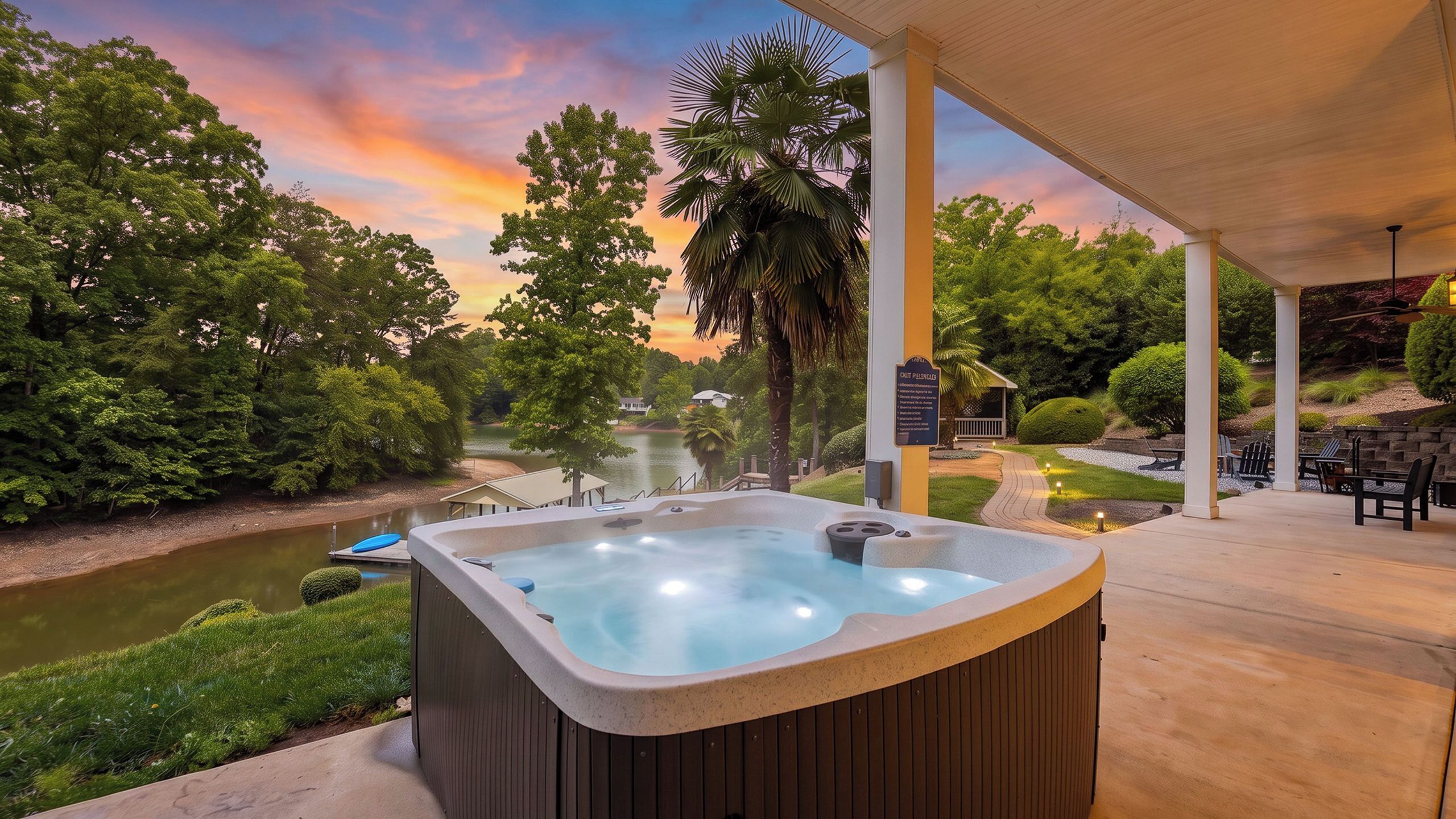 Un bain à remous situé dans un espace extérieur abrité, avec vue sur un lac et la végétation environnante.