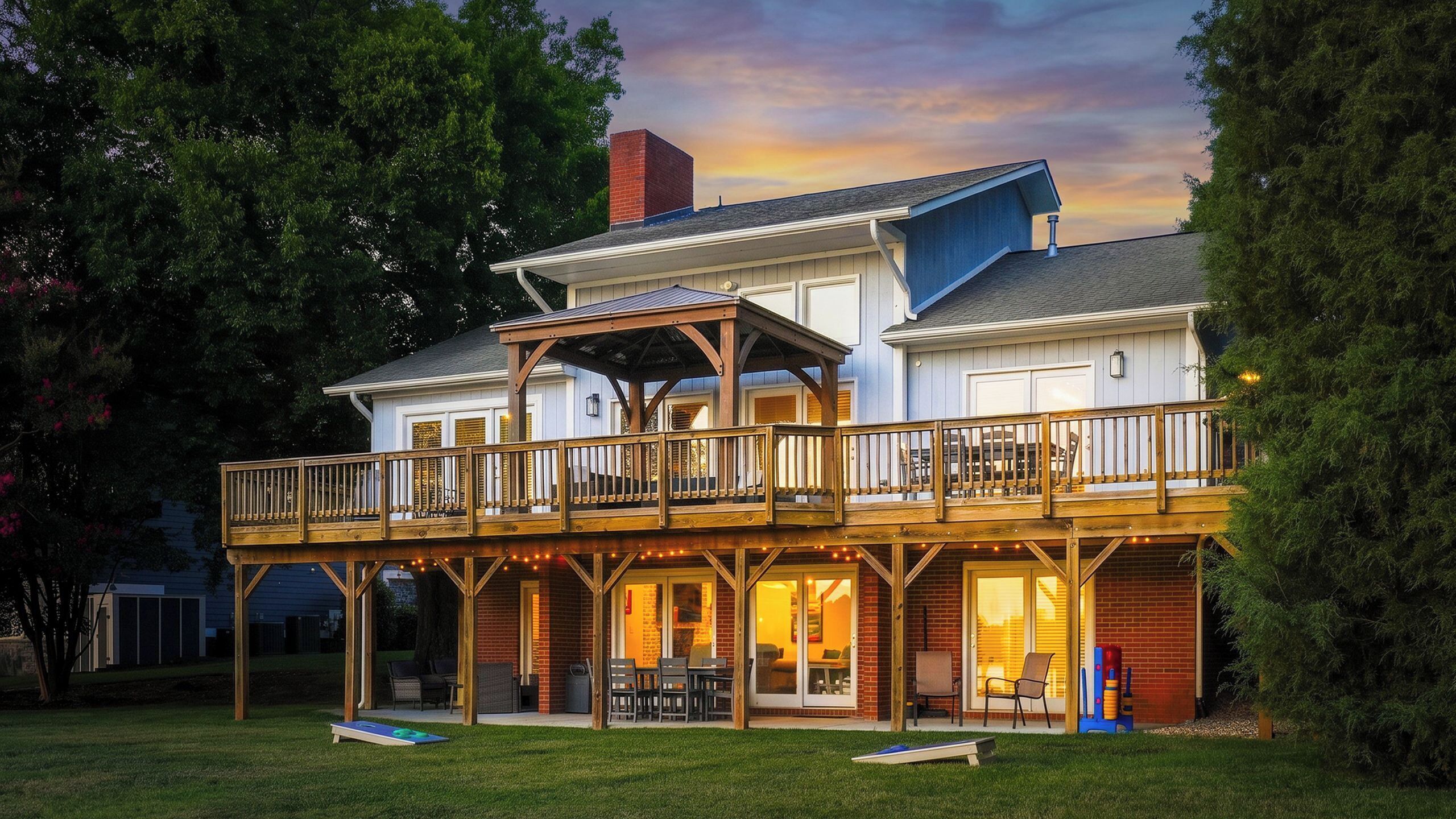 A two-story house with a covered deck and a second-story balcony.