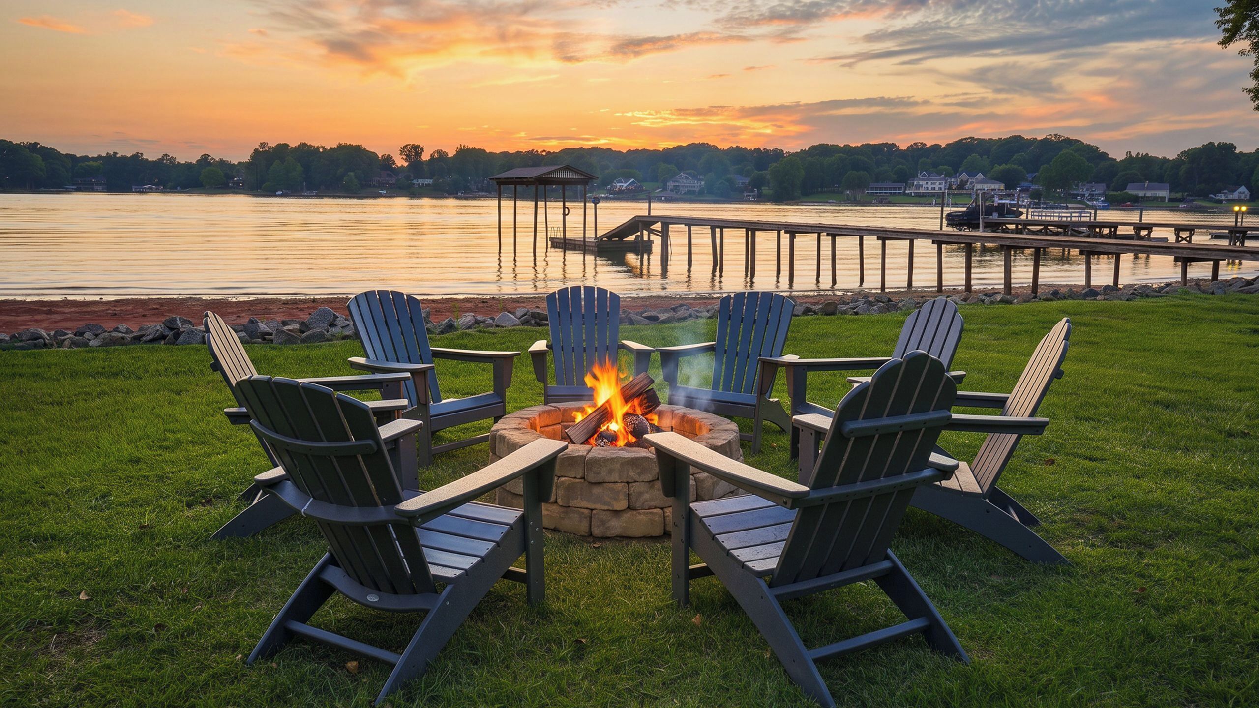 A fire pit with four Adirondack chairs arranged around it, set on a grassy area with a lake and dock in the background.
