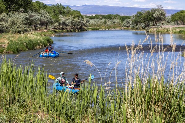 A river with kayaks and people paddling.