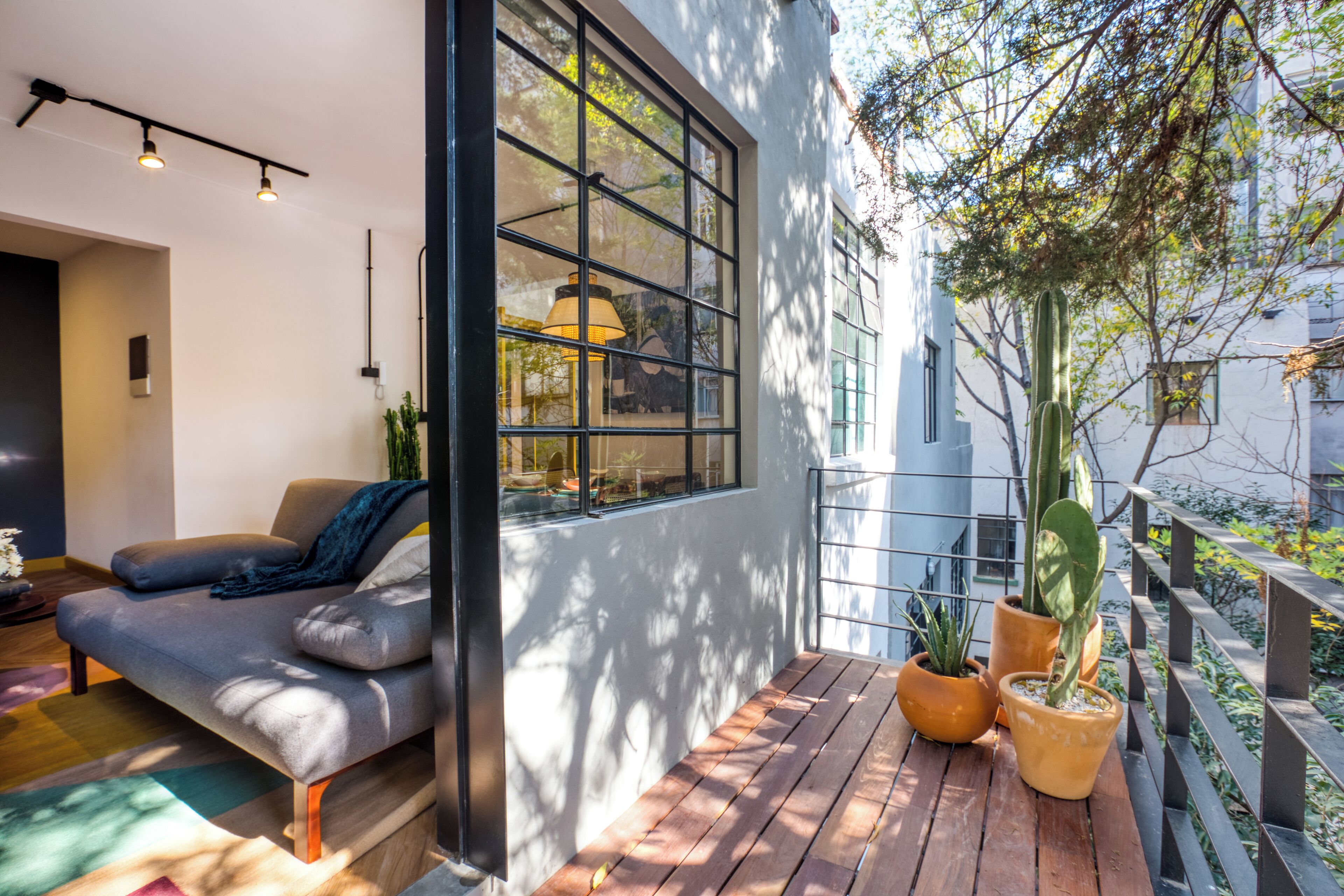 Un salon moderne avec un canapé, une terrasse en bois et des plantes en pot.