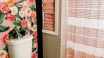 Hair dryer, towels, soap, shampoo