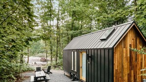 A rustic cabin with a wooden door and a metal roof, surrounded by dense forest.