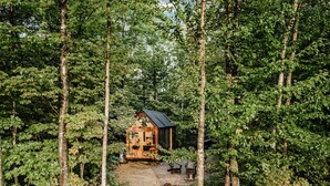 A cabin in a forest with a dirt path leading to it.