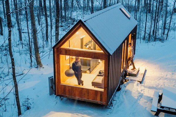 A wooden cabin with a glass front, a bed, and a small kitchen area.