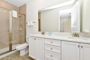 Hair dryer, towels, soap, shampoo