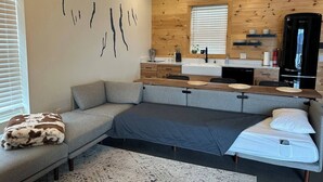 A modern bedroom with a sofa bed, a small kitchenette, and a wooden wall panel. - VRFLX Seneca View Bungalow | Hot Tub Retreat (Burdett)