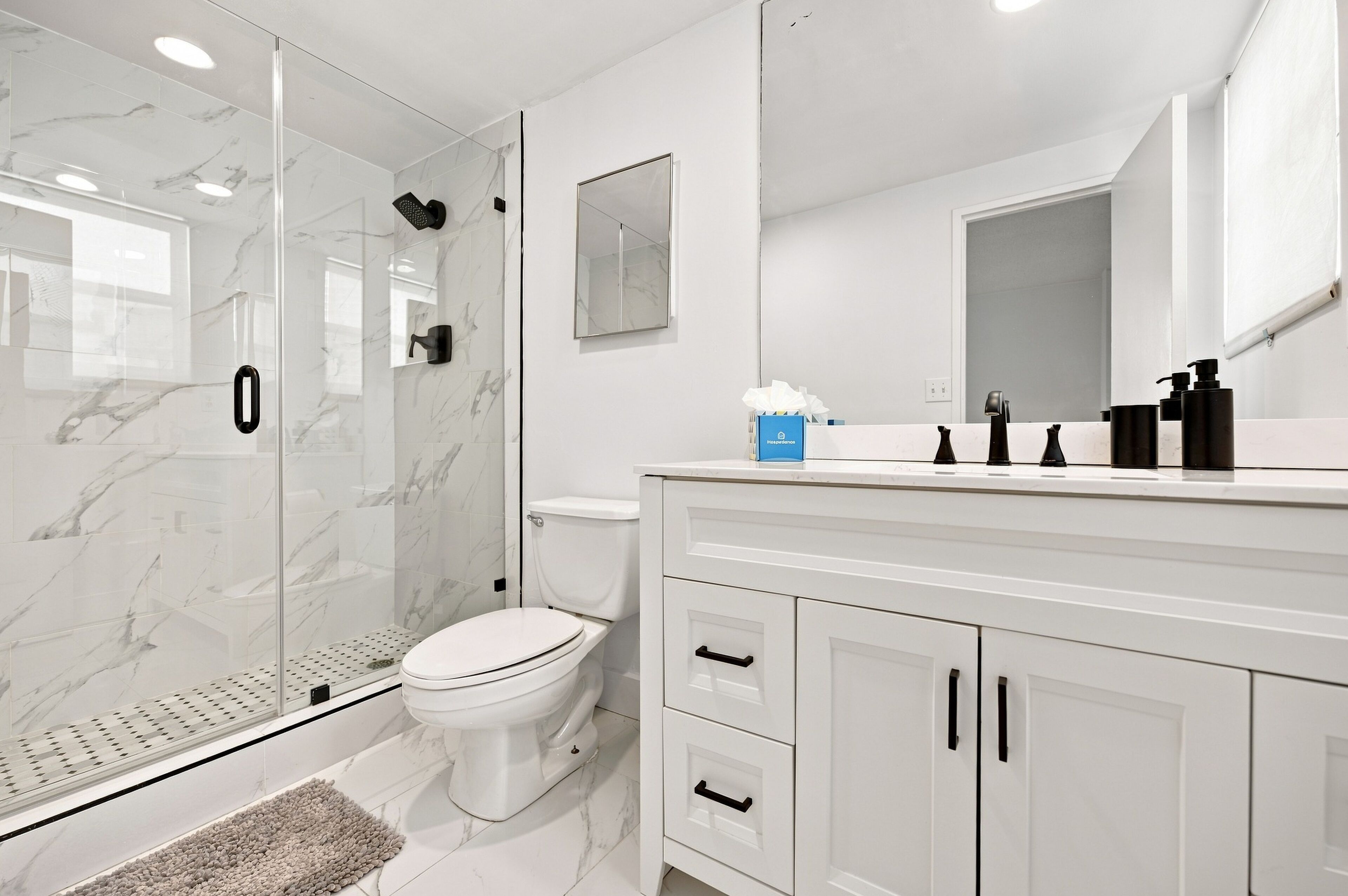 A modern bathroom with a glass-enclosed shower, a toilet, and a vanity with a mirror and toiletries.