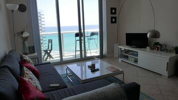 Comfort Apartment | Living area | 1-inch flat-screen TV with satellite channels, DVD player
