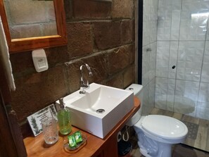 Hair dryer, towels, soap, toilet paper