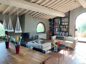 A modern living room with a fireplace, a bookshelf, and a dining area.