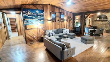 Smart TV, fireplace, books, computer monitors