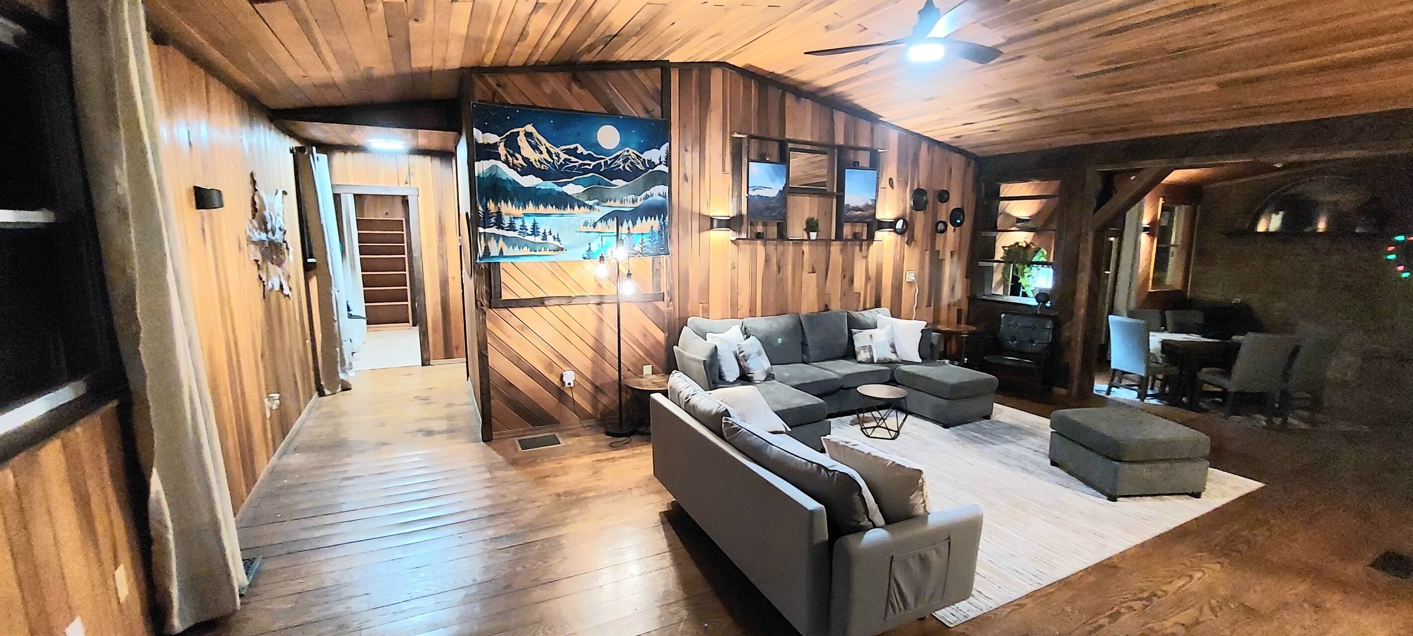 Smart TV, fireplace, books, computer monitors