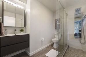 Un baño moderno con ducha de vidrio, inodoro blanco y tocador con espejo y planta.