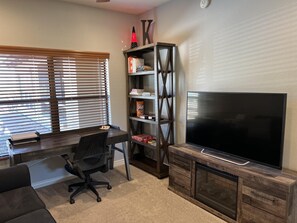 Smart TV, fireplace, DVD player, printers