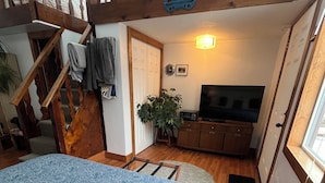 Quarto com cama, escada, televisão e uma planta.