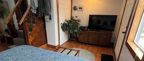 Un dormitorio con una cama, una escalera, un televisor y una planta.