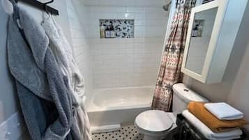 Hair dryer, towels, soap, shampoo